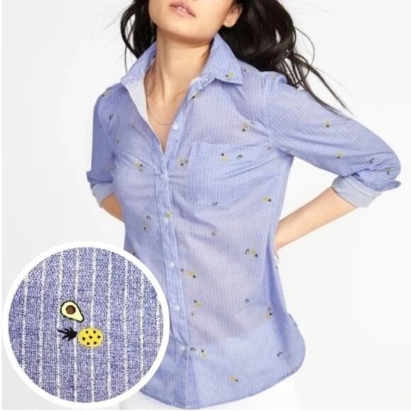 OLD NAVY  Button Up Shirt M The Classic  Blue Striped Avocado Pineapple - Picture 2 of 10